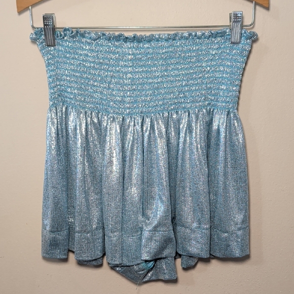 QUEEN OF SPARKLES Pants - Queen of Sparkles Metallic Swing Shorts Silver Blue High Waist Women's Size L